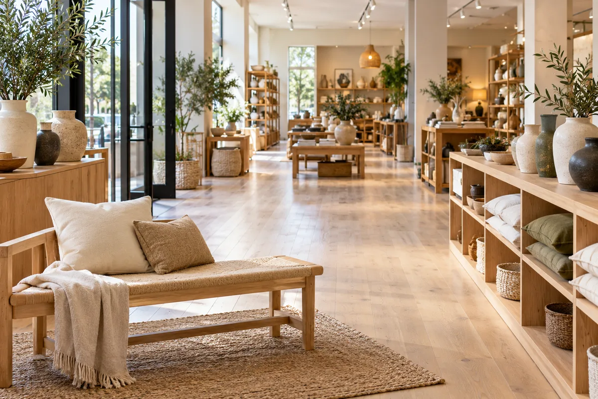 Large allée dégagée d&rsquo;une boutique de décoration au parquet clair, un banc de repos en bois placé près de l&rsquo;entrée intérieure