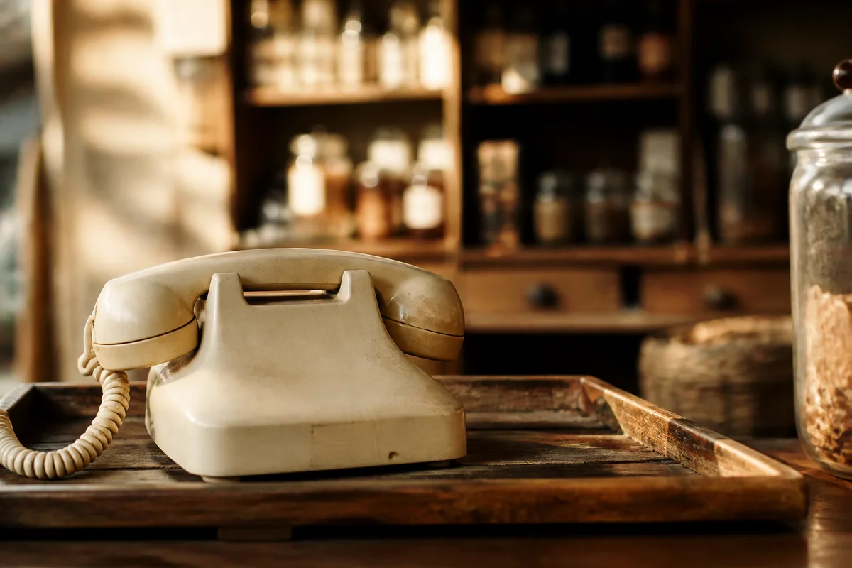 Téléphone de comptoir posé sur un plateau de bois dans une boutique de quartier