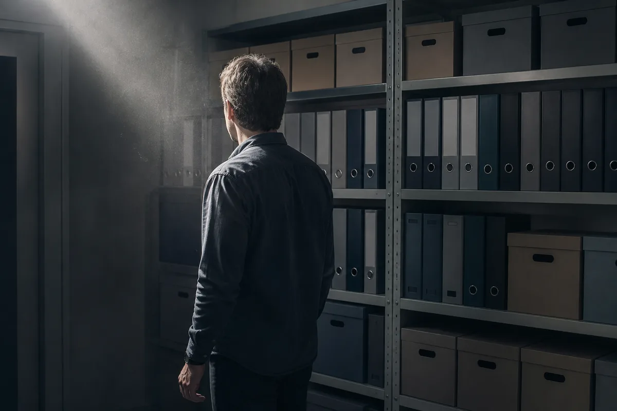 Personne de trois quarts dos dans une arrière-boutique aux classeurs alignés