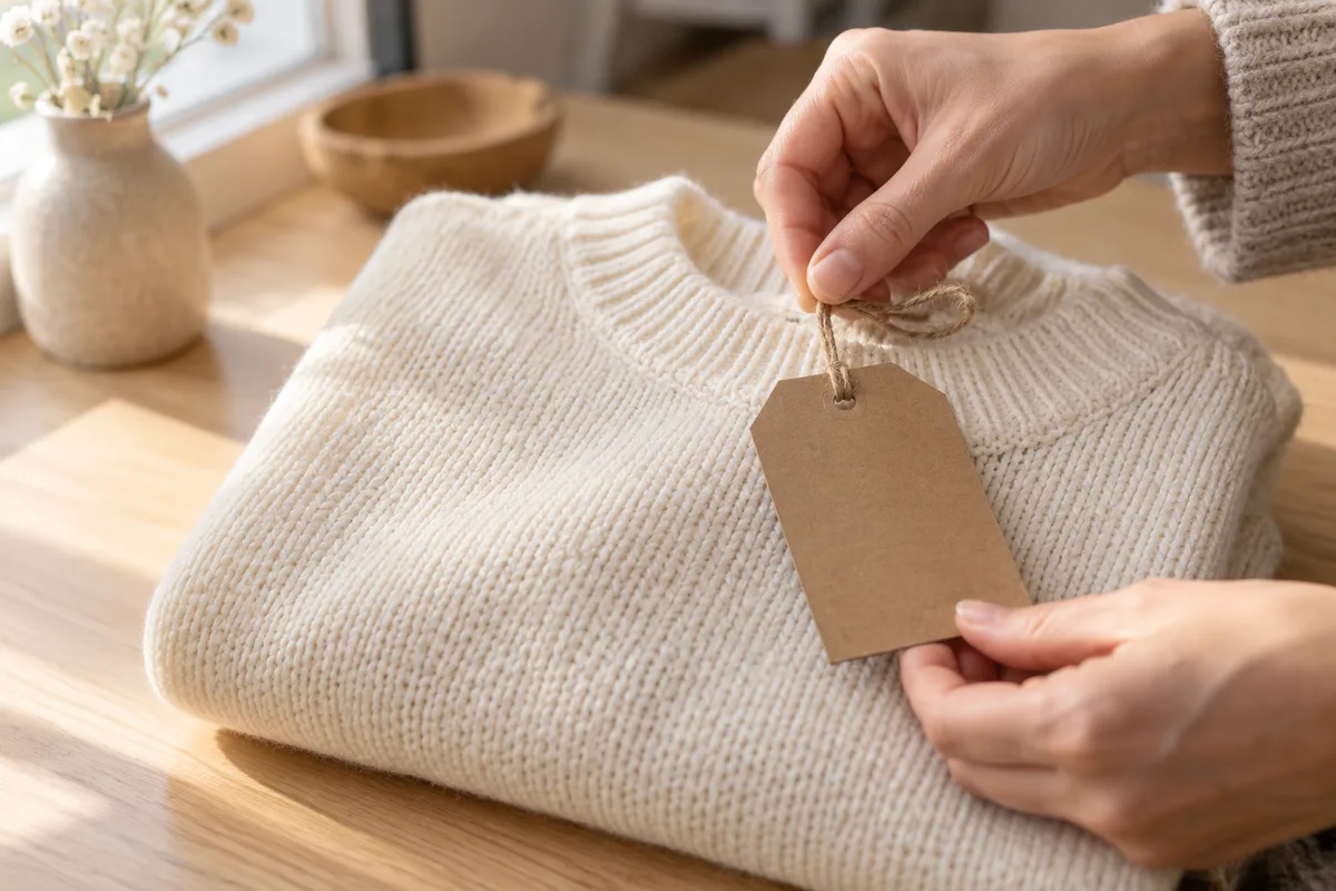 Main accrochant une étiquette vierge en carton kraft à un pull uni
