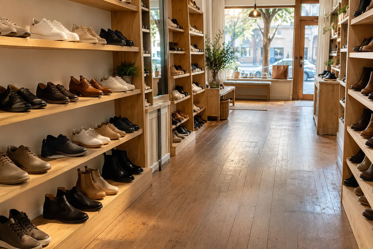 Rayonnages de chaussures unies alignées dans une boutique de quartier