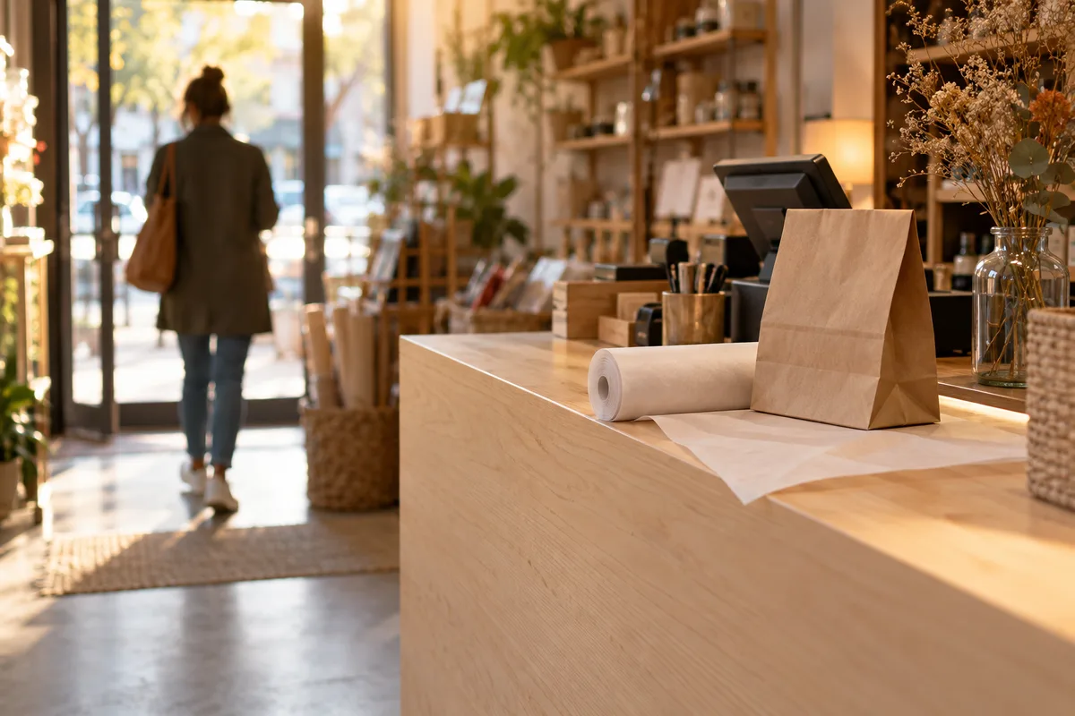 Comptoir de caisse en bois avec sac en papier kraft dans un commerce de proximité