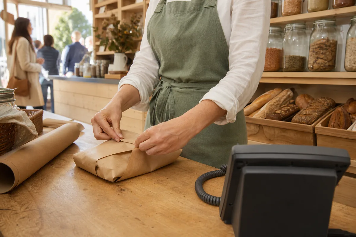 Comptoir de boutique animé avec un téléphone fixe posé près de la caisse