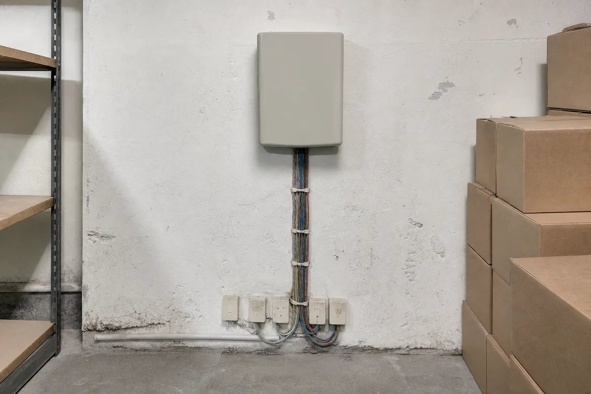 Ancien autocommutateur téléphonique fixé au mur dans la réserve d’un magasin