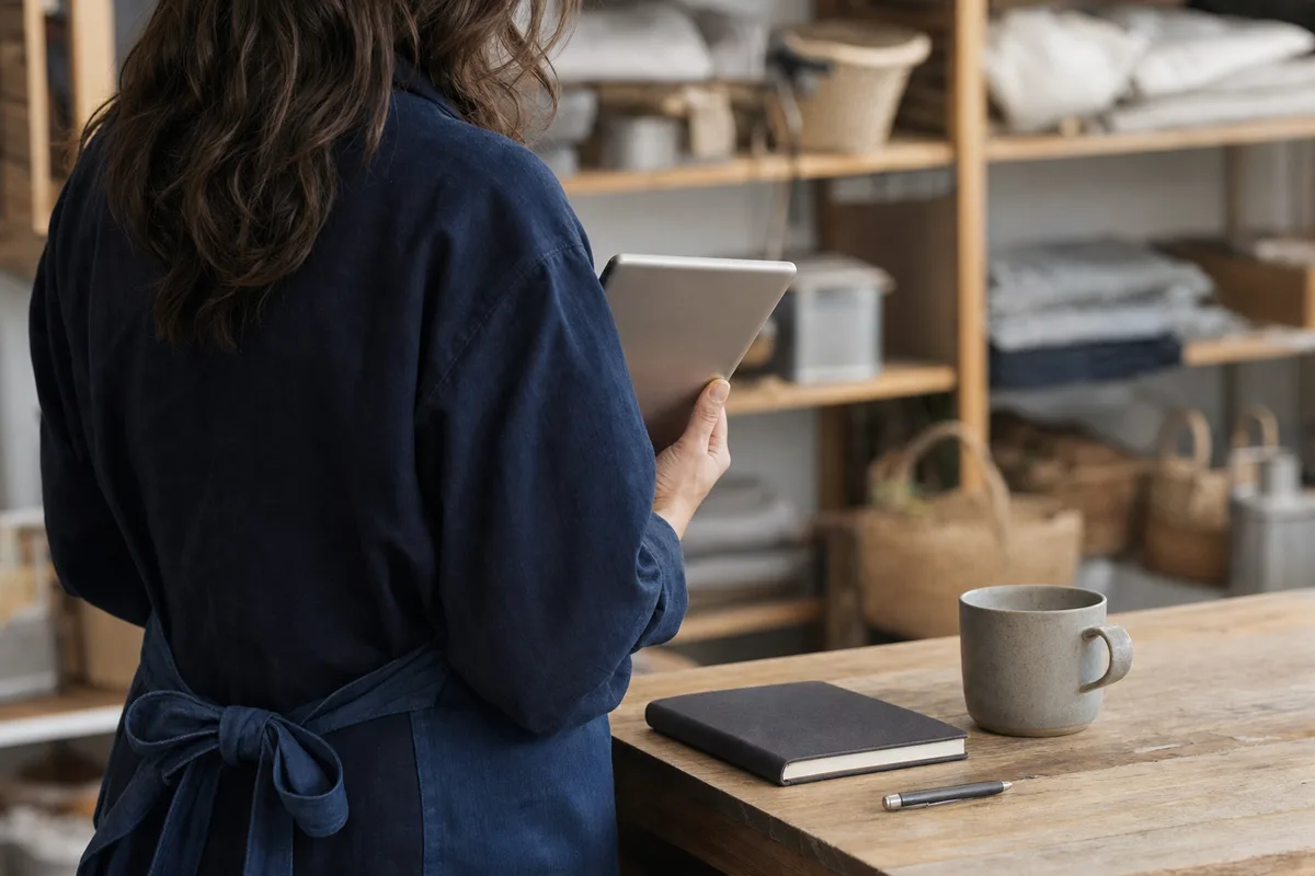 Commerçante paramétrant ses renvois d’appels depuis une tablette en arrière-boutique