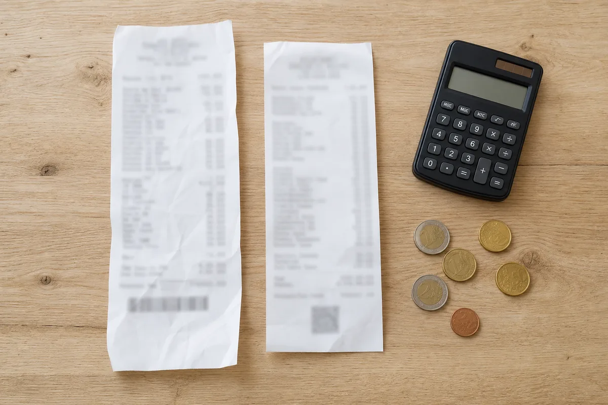 Comparaison de deux tickets de caisse de supermarchés français posés sur une table