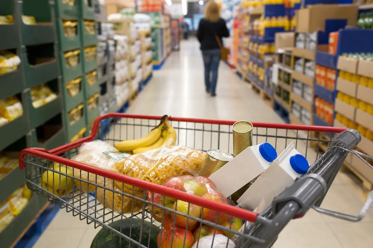 Chariot de courses rempli de produits de base dans une allée de supermarché discount