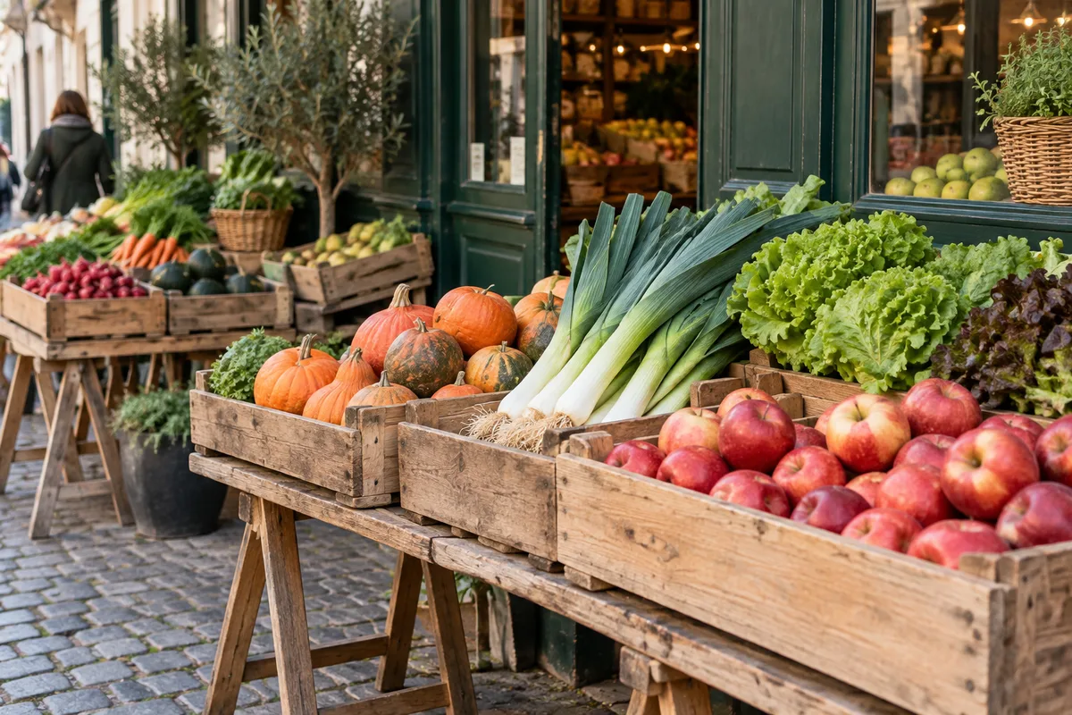 Étalage de fruits et légumes en cagettes de bois posé sur le trottoir devant une épicerie
