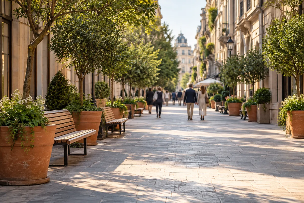 Trottoir large d&rsquo;une rue piétonne avec bancs et arbres en pot laissant le passage libre