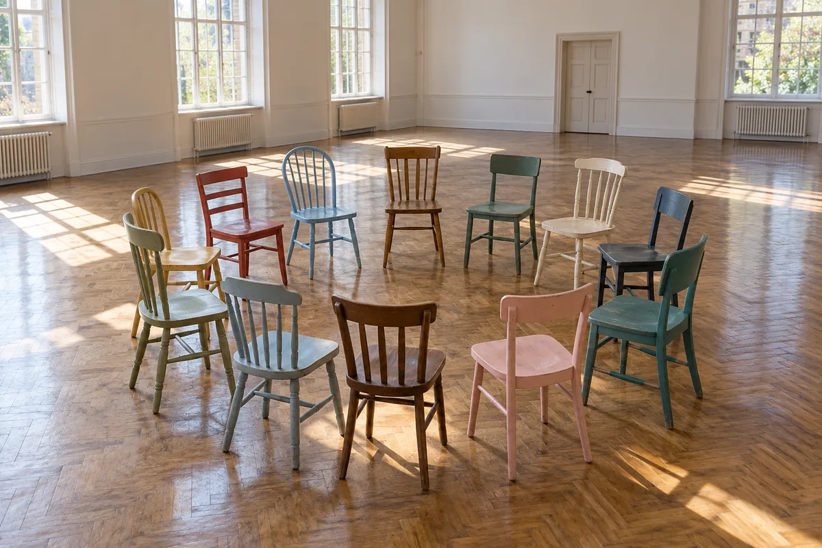 Chaises en bois dépareillées disposées en cercle dans une salle communale vide et lumineuse