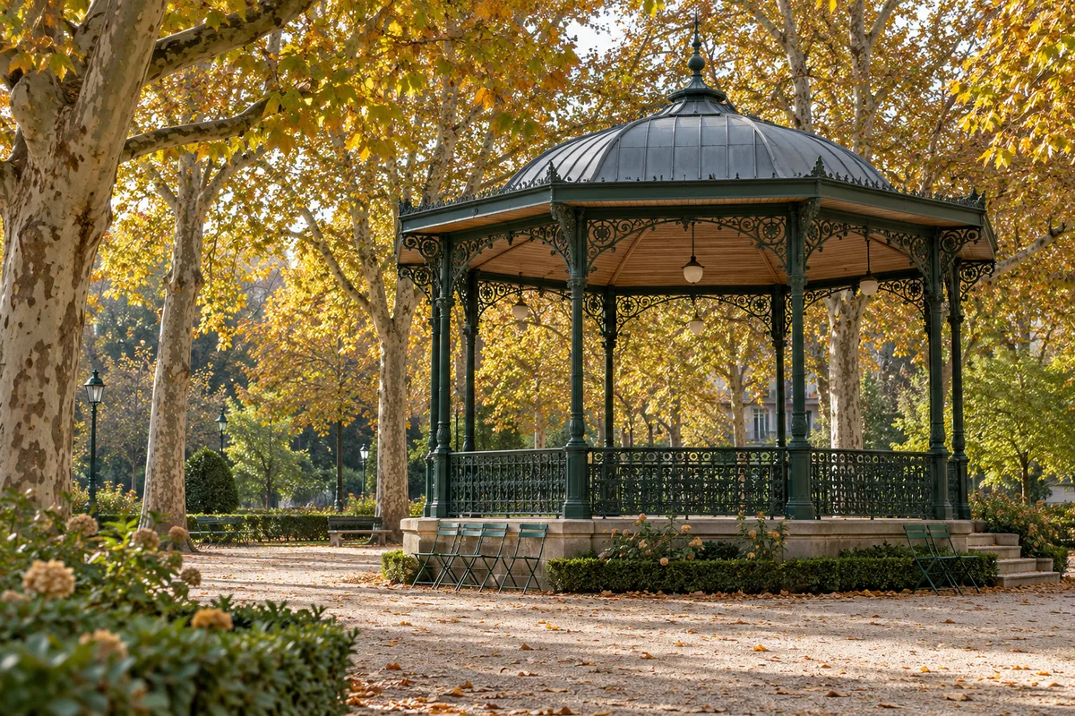 Kiosque à musique en fer forgé vert dans un jardin public désert en automne