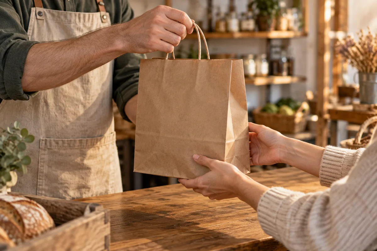 Mains d’un commerçant remettant un sac en papier à une cliente