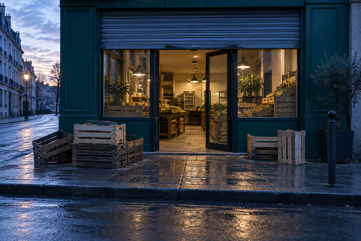 Devanture d’un commerce de quartier au petit matin