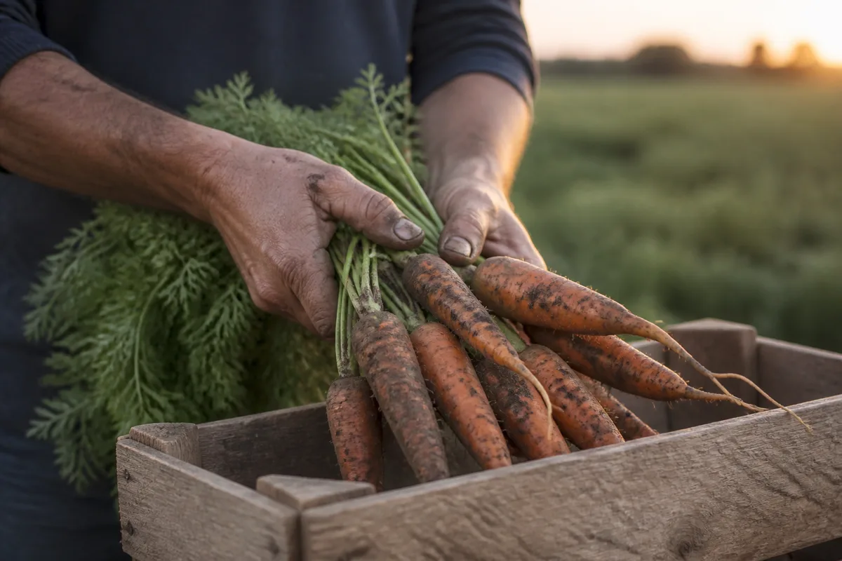 Cagettes en bois brut remplies de légumes de saison sur un étal de producteur