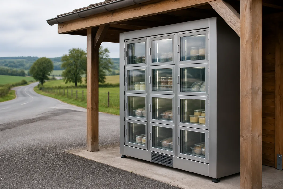 Distributeur automatique réfrigéré de produits fermiers installé au bord d’une route de campagne