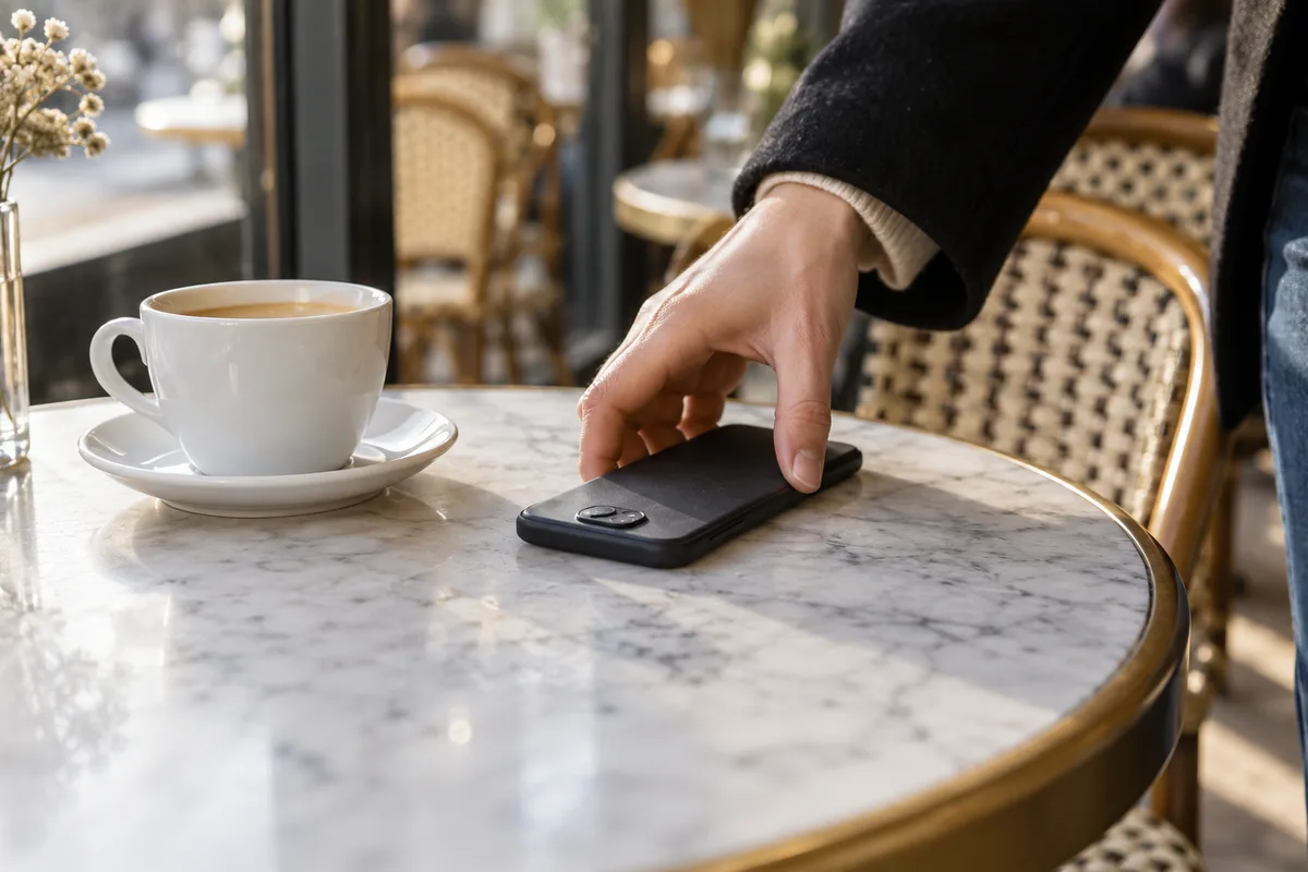 Main posant un téléphone face contre une table de café parisien, à côté d&rsquo;une tasse blanche