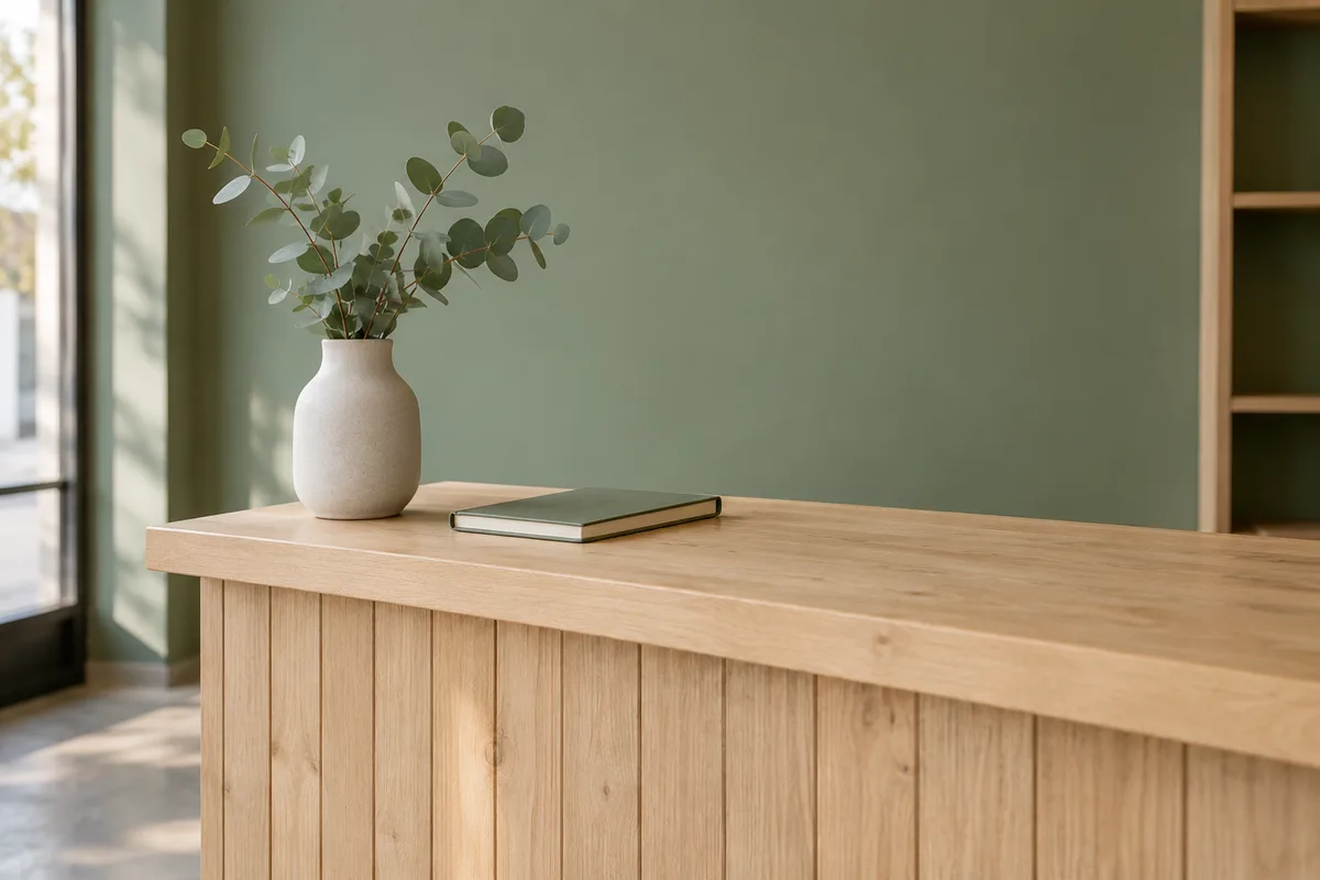 Comptoir en bois clair d&rsquo;une boutique de quartier, mur vert sauge et vase en céramique