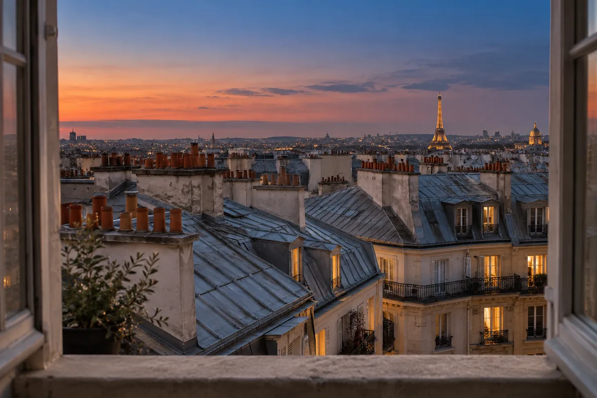 Toits de zinc parisiens vus d&rsquo;une fenêtre ouverte au crépuscule