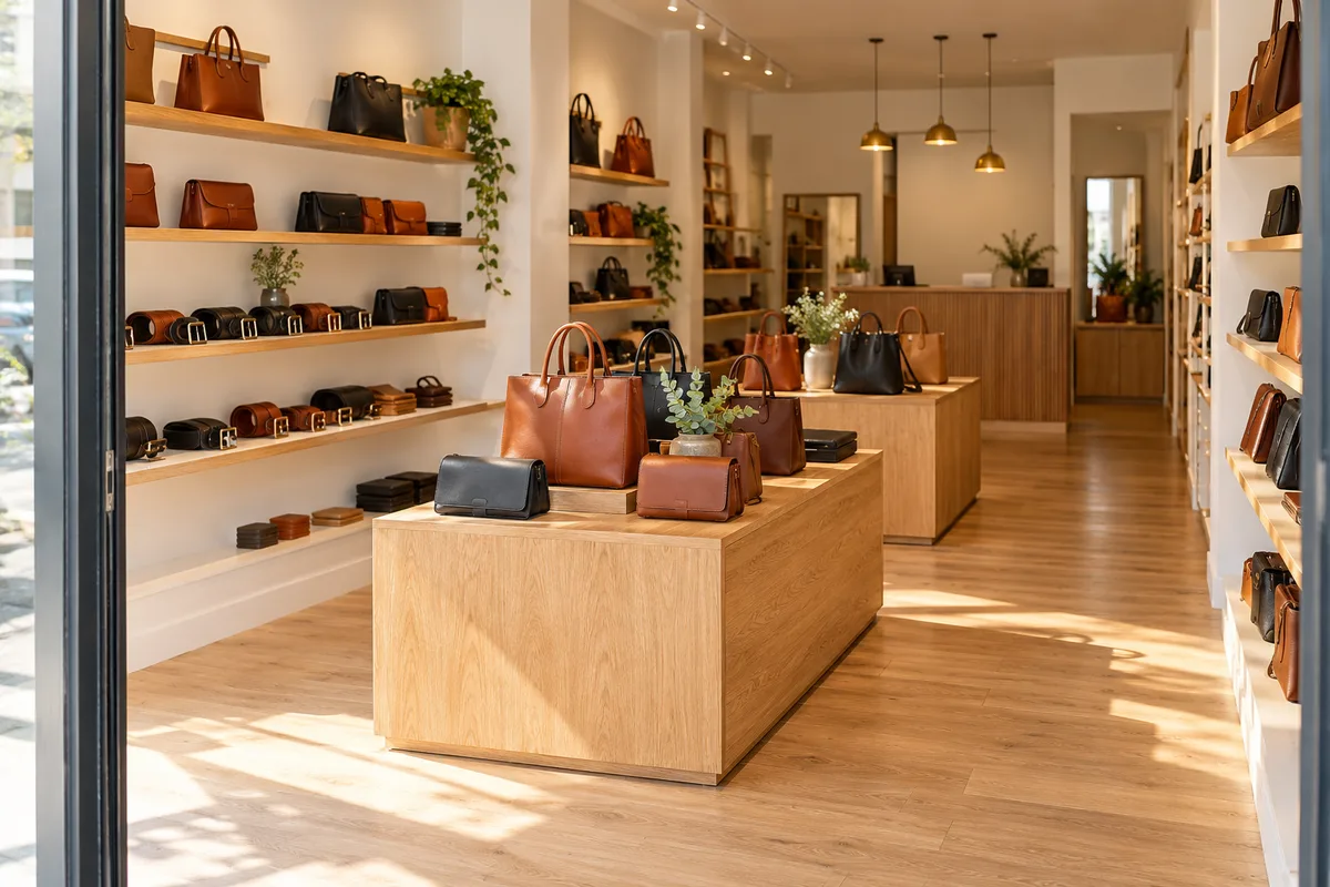 Meubles bas garnis de sacs en cuir unis au centre d’une boutique de maroquinerie, vue dégagée depuis l’entrée jusqu’au comptoir du fond