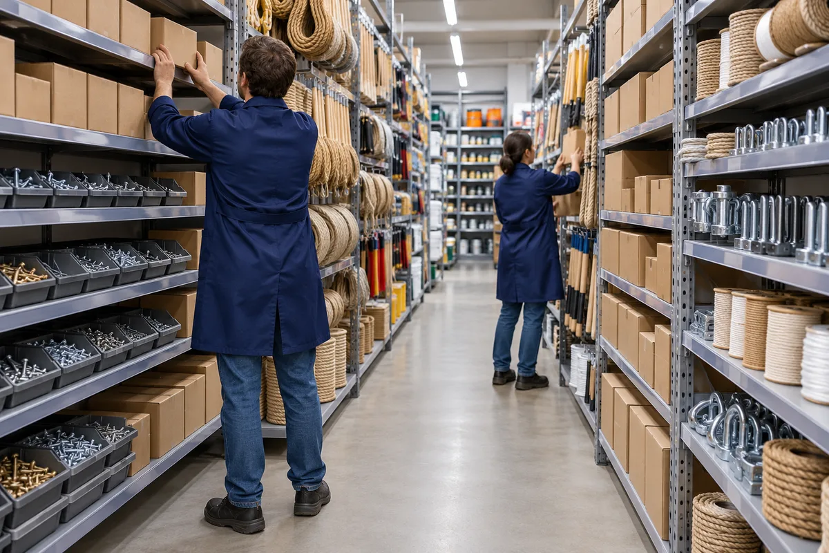Deux vendeurs vus de dos rangeant des boîtes sur les étagères de part et d’autre d’une allée de quincaillerie