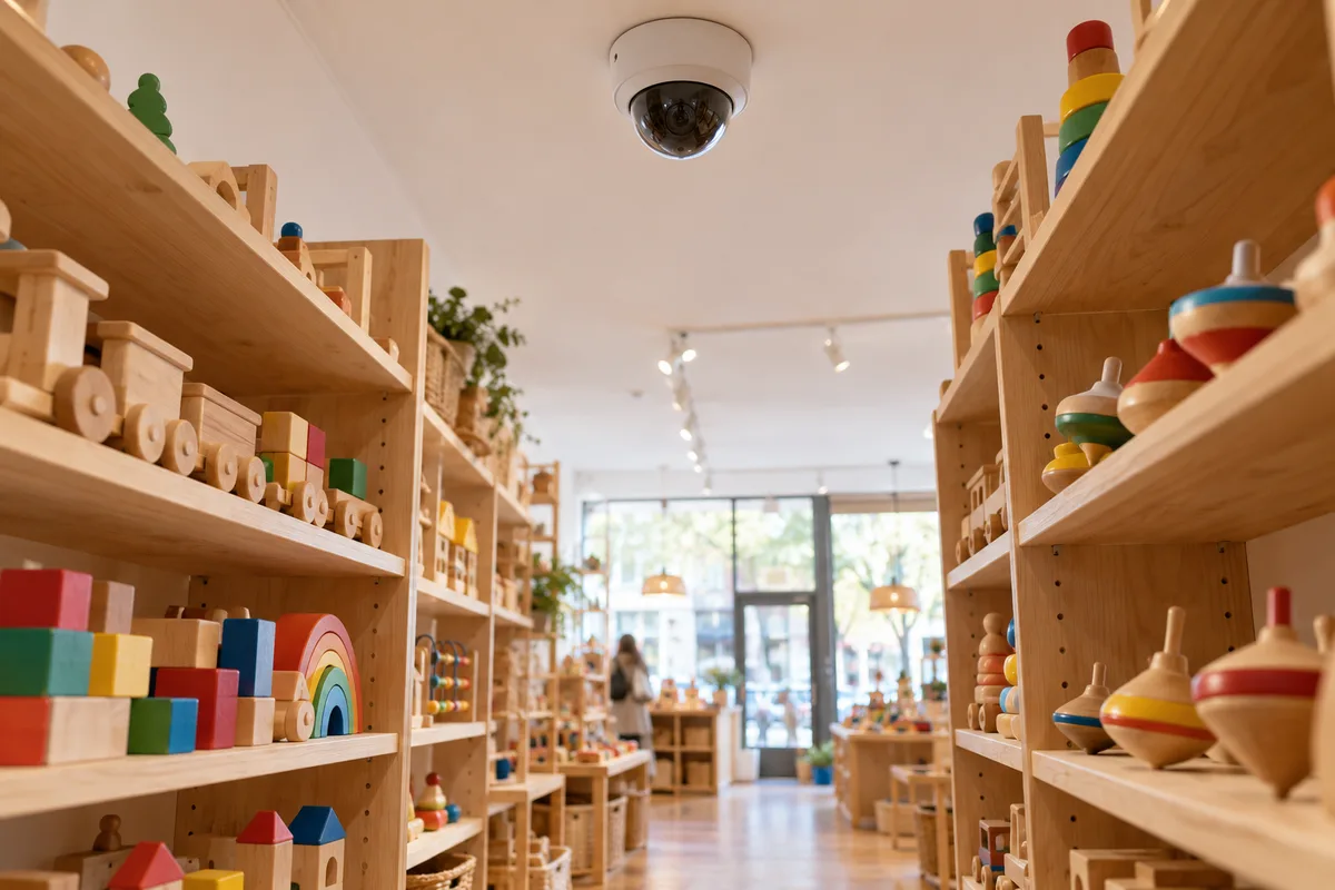 Caméra dôme blanche fixée au plafond au-dessus d’une allée de magasin de jouets en bois