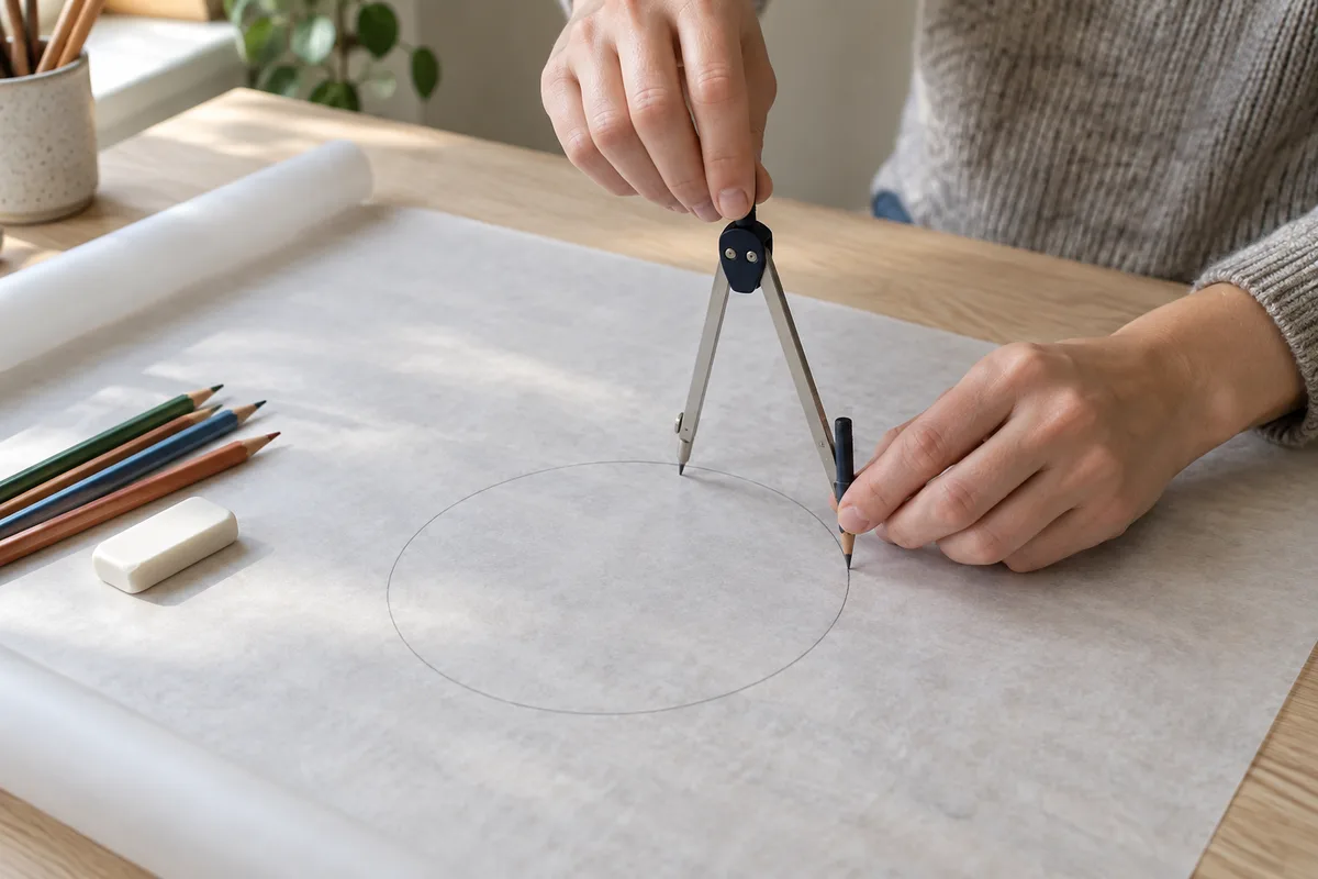 Mains traçant un cercle au compas sur une feuille de calque posée sur une table en bois