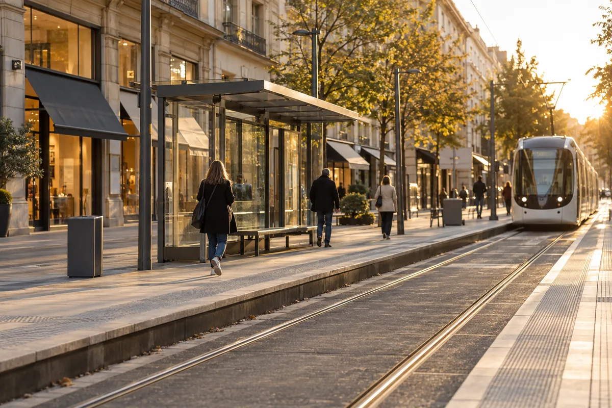Arrêt de tramway dans un quartier commerçant, quai et façades de boutiques