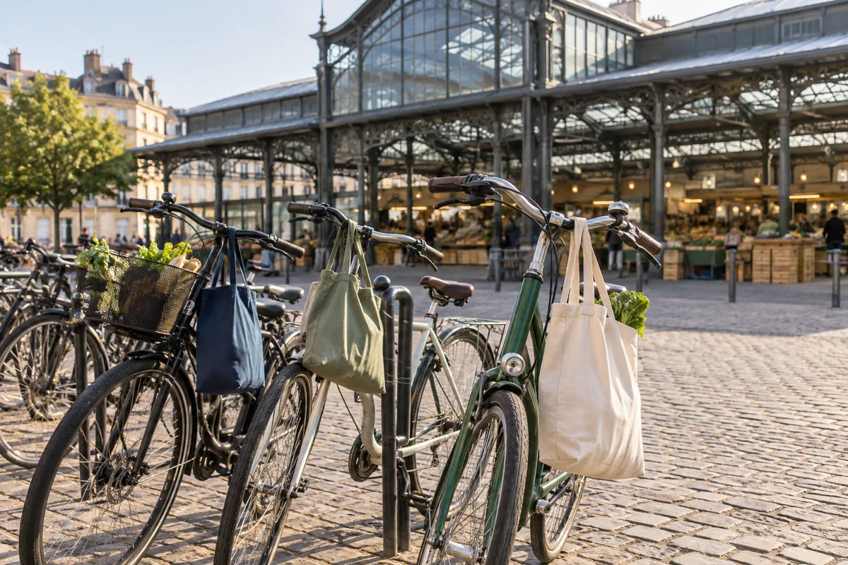 Vélos garés devant une halle de marché, sacs de courses accrochés aux guidons