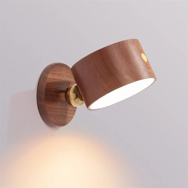 Petite Lampe de chevet murale en bois avec recharge USB : Intensité tactile, rotation 360°, protection oculaire